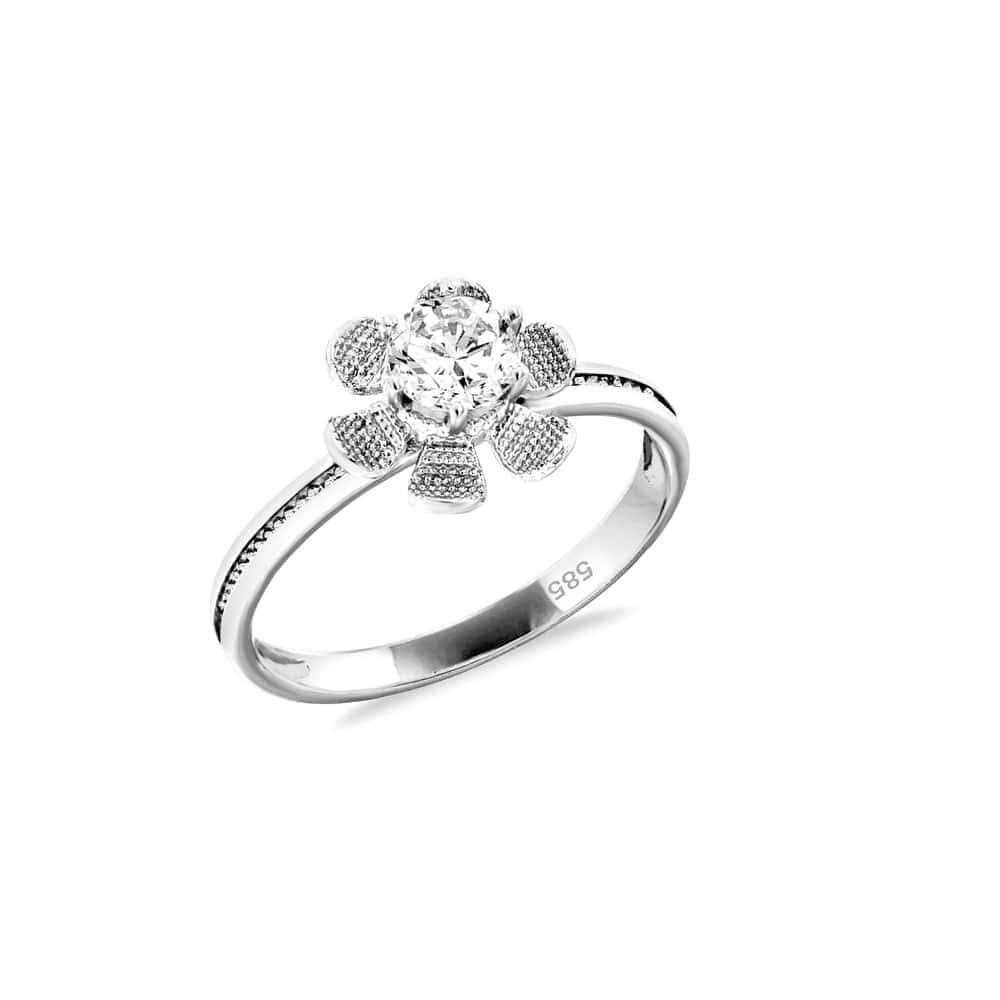 Λευκόχρυσο μονόπετρο δαχτυλίδι λουλούδι D11200155