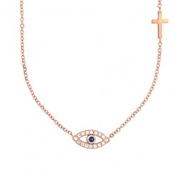 γυναικείο ροζ χρυσό κολιέ μάτι σταυρός KL11300003