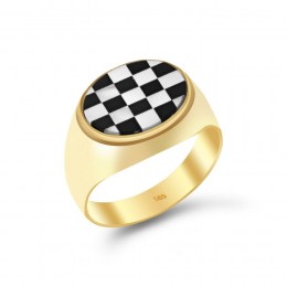 Κίτρινο χρυσό δαχτυλίδι ανδρικό οβάλ σκακιέρα D11100569